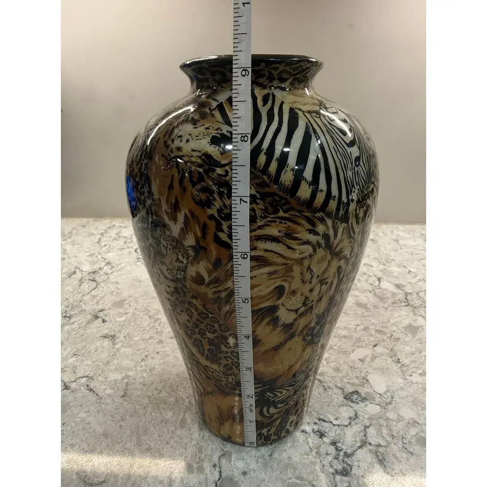 Vintage Porcelain Art Pottery Vase Safari Animal Print Brown Black 9